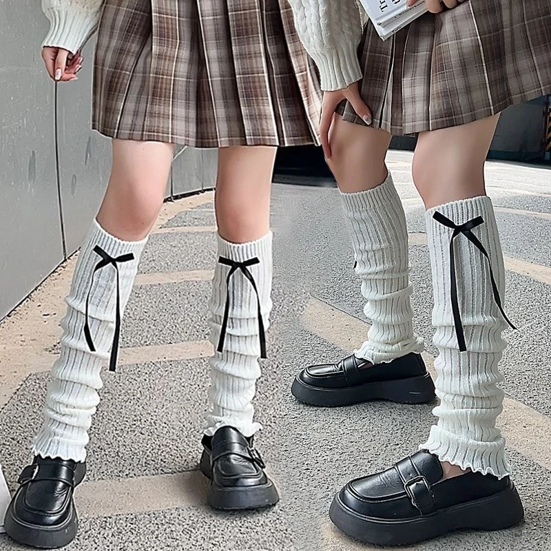 

Harajuku Woman Leg Warmers Autumn And Winter Ribbon Lolita Black Knee Warmers Long Socks JK Knitted Girl White Leg Warmers