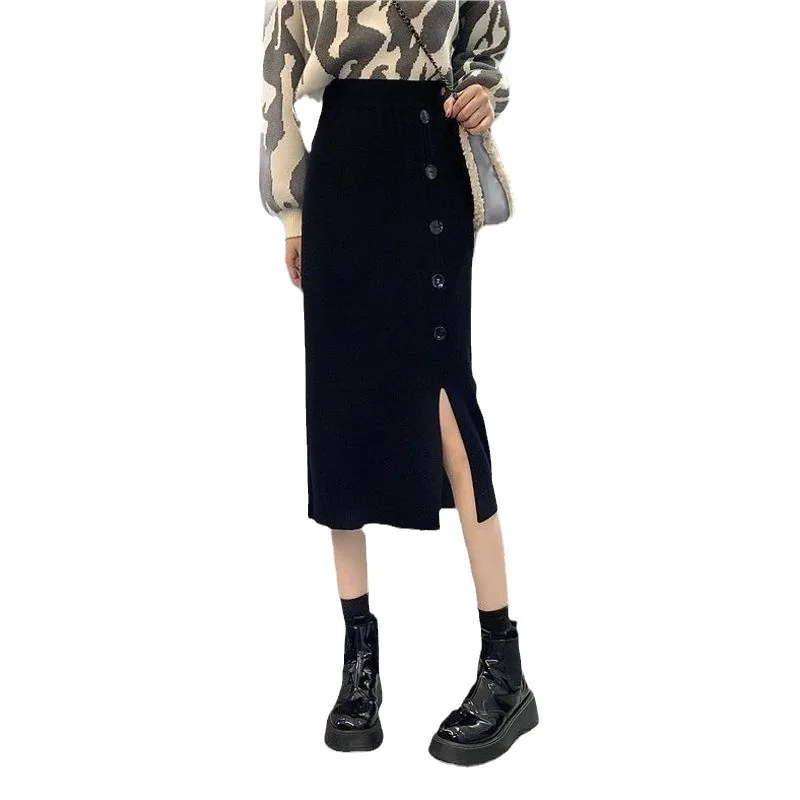 Jupe mi-longue en tricot fendu pour femmes, demi-corps, automne et hiver, jupe trapèze taille haute