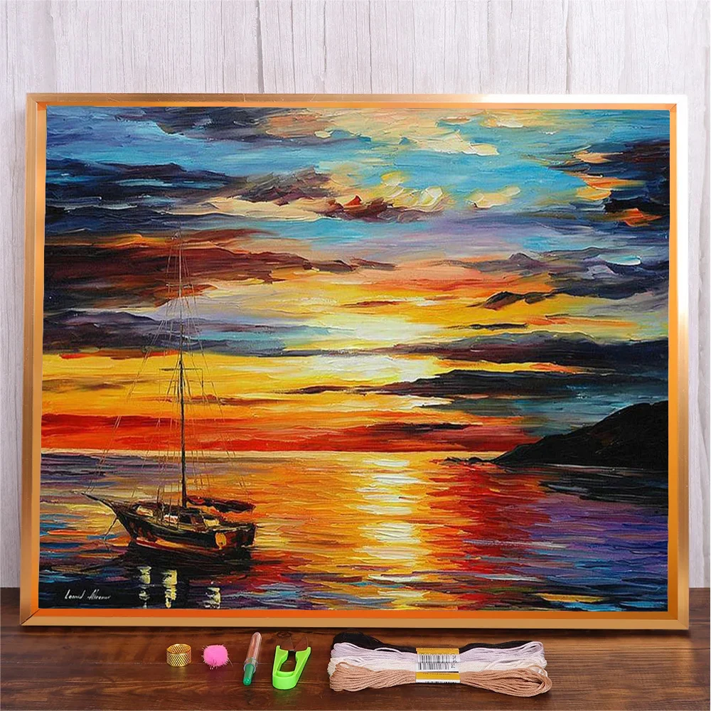 

Hand Embroidery Sets Kits DIY Starter Printed Embroidery Kit Cross Stitch Abstract Sunset Landscape For Children DIY Craft Gift