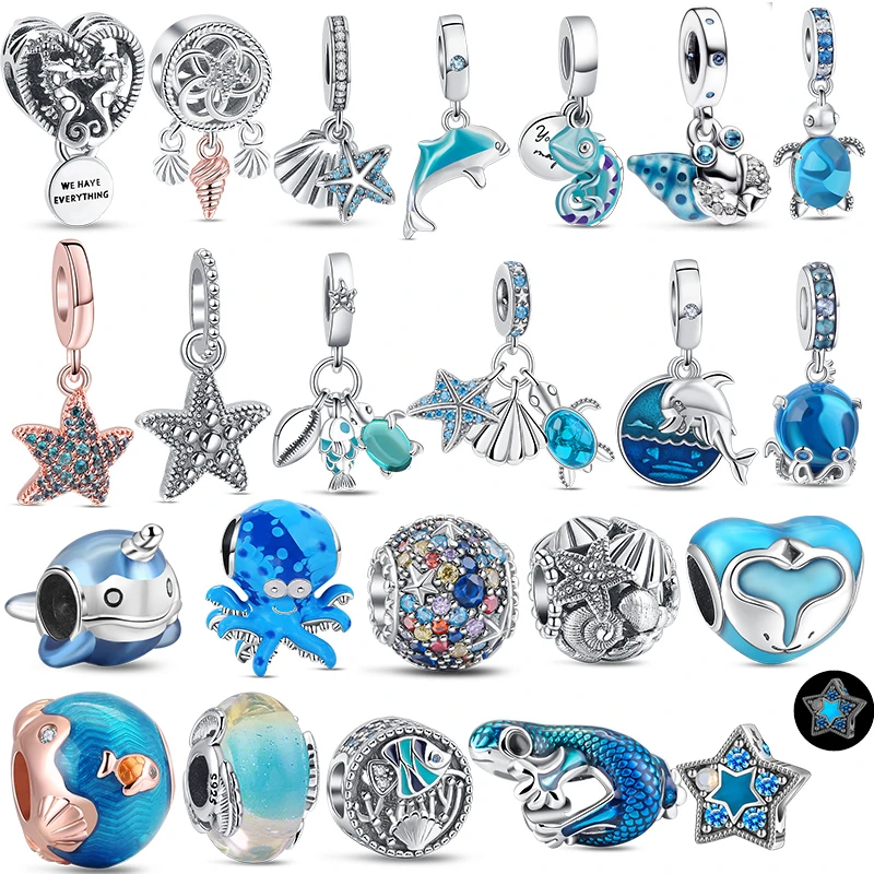 925 Solid Silver Beads Blue Fit Original Pandora Chameleon Shell Fish Sea Turtle & Conch Triple Dangle Charms Bracelet Jewelry