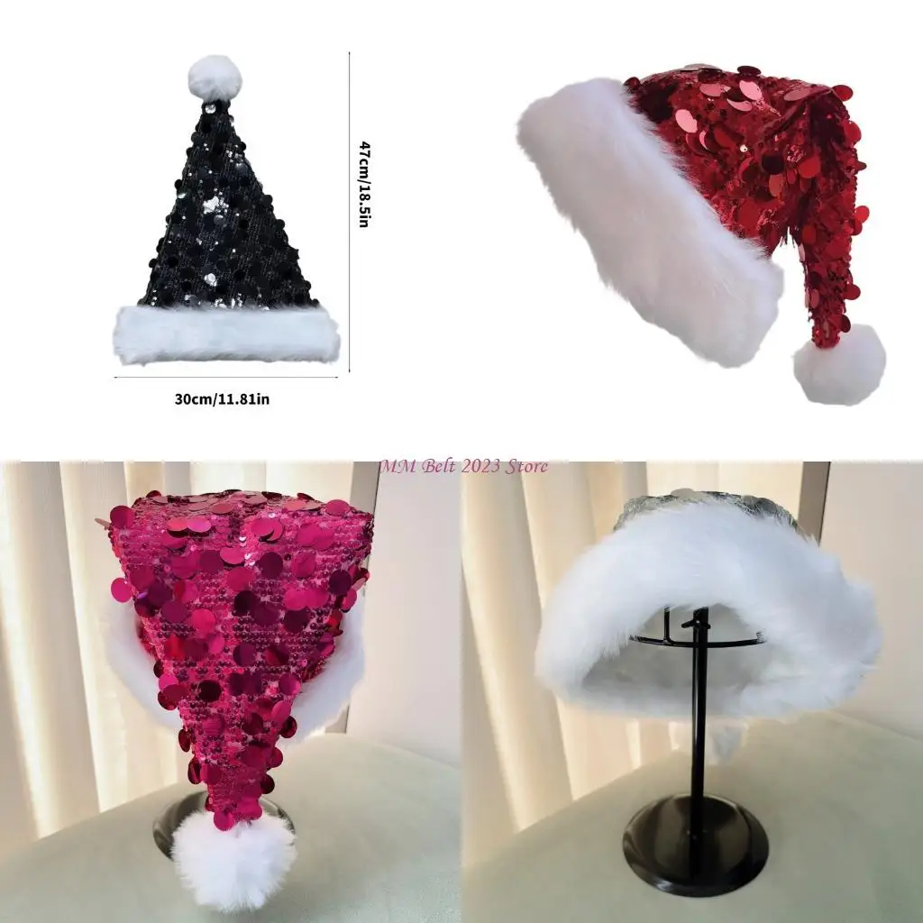 49ME Adult Sequins Santa Hats Plush Christmas Cap With Glitter Christmas Cap For Women and Men Family Matching Holiday Headwe