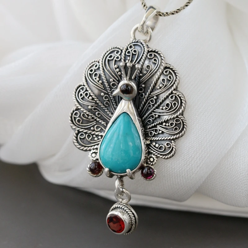 Real 925 Sterling Silver Pendants Inlaid Natural Amazonite Garnet Fashion Creative Peafowl Retro Style Women Pendant Gift