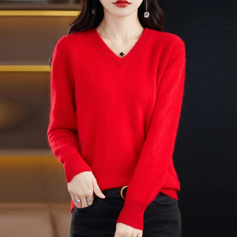 Women\'s pullover super warm pure mink cashmere sweater V-neck loose women\'s clothes ladies solid color sweater top.