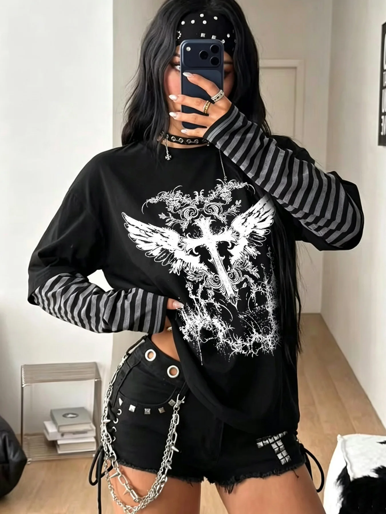 【SYJ804568】Women's plus size T-shirt with cross wing print casual T-shirt short sleeved summer plus size top street trend