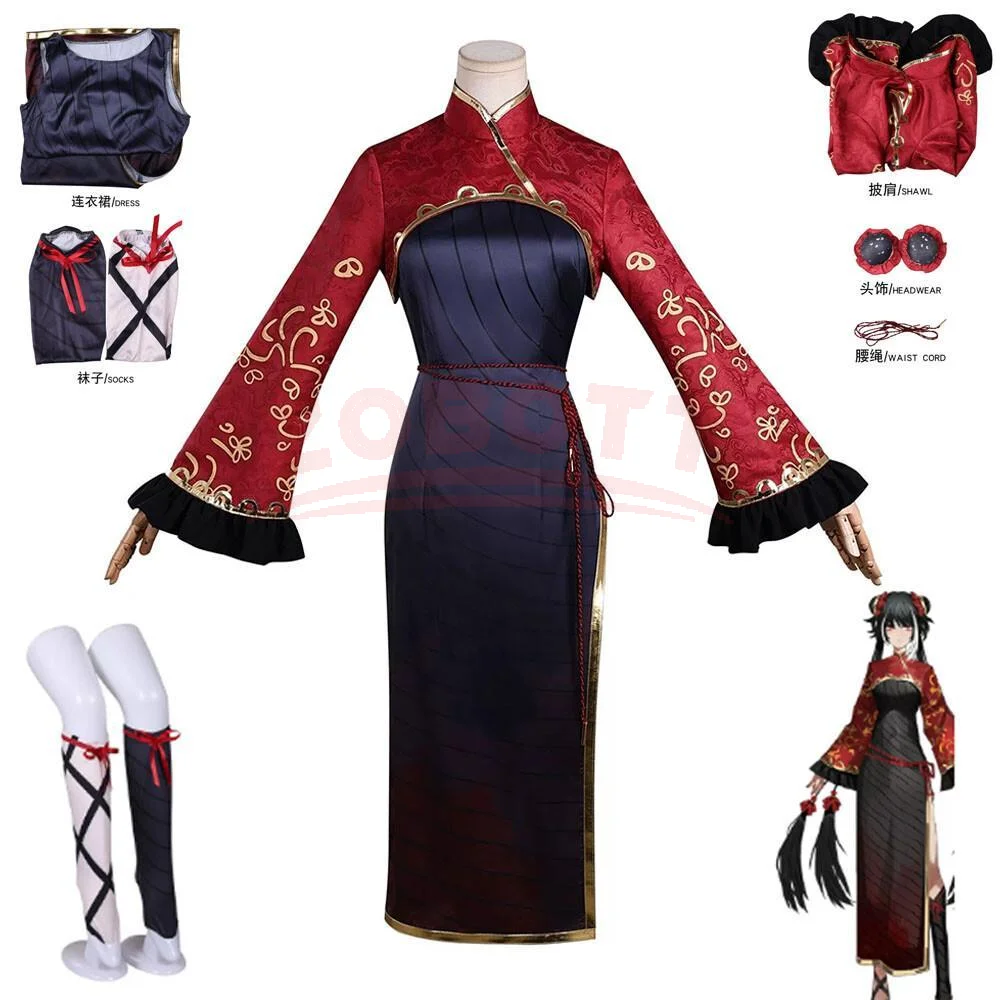 Beliebtes Jia Xichun Cosplay-Kostüm für Damen, Rotes Cheongsam-Set mit Socken und Kopfschmuck für Halloween und Karnevalspartys