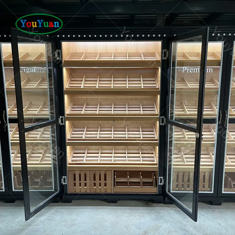 custom.Top Quality Cigar Humidor Display Cabinet with Spanish Cedar wood and led Lighting Glass Showcase Cigar Lounge