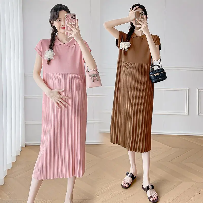 

Summer Short Sleeved Pregnant Women's Pleated Dress Turn-down Collar Ice Silk Knitted Dress Plus Size Maternity Empired Dresses