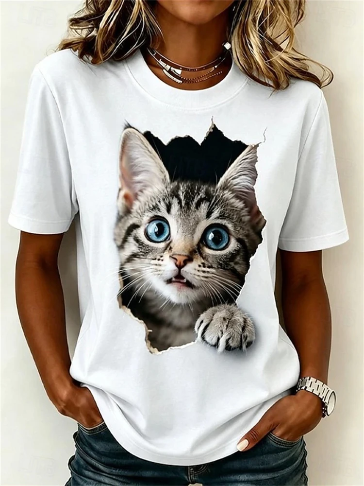 Women's Summer Crew-Neck Short-Sleeve T-Shirt Elegant Puppy Print Fashion Top Casual Streetwear-Style Women's Short-Sleeve Shirt