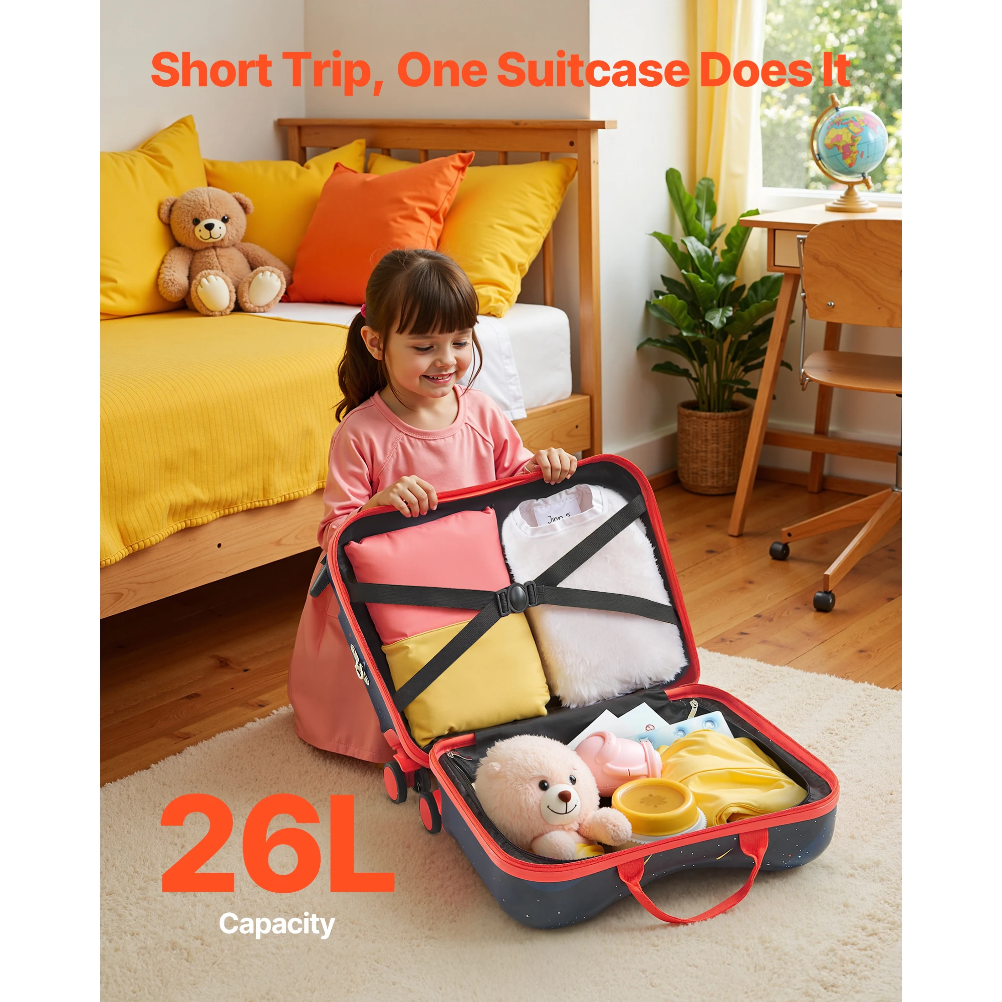 SucceBuy Equipaje de paseo de 18 pulgadas, 26L, equipaje de mano para niños pequeños con ruedas, maleta de montar para niños y niñas, regalos