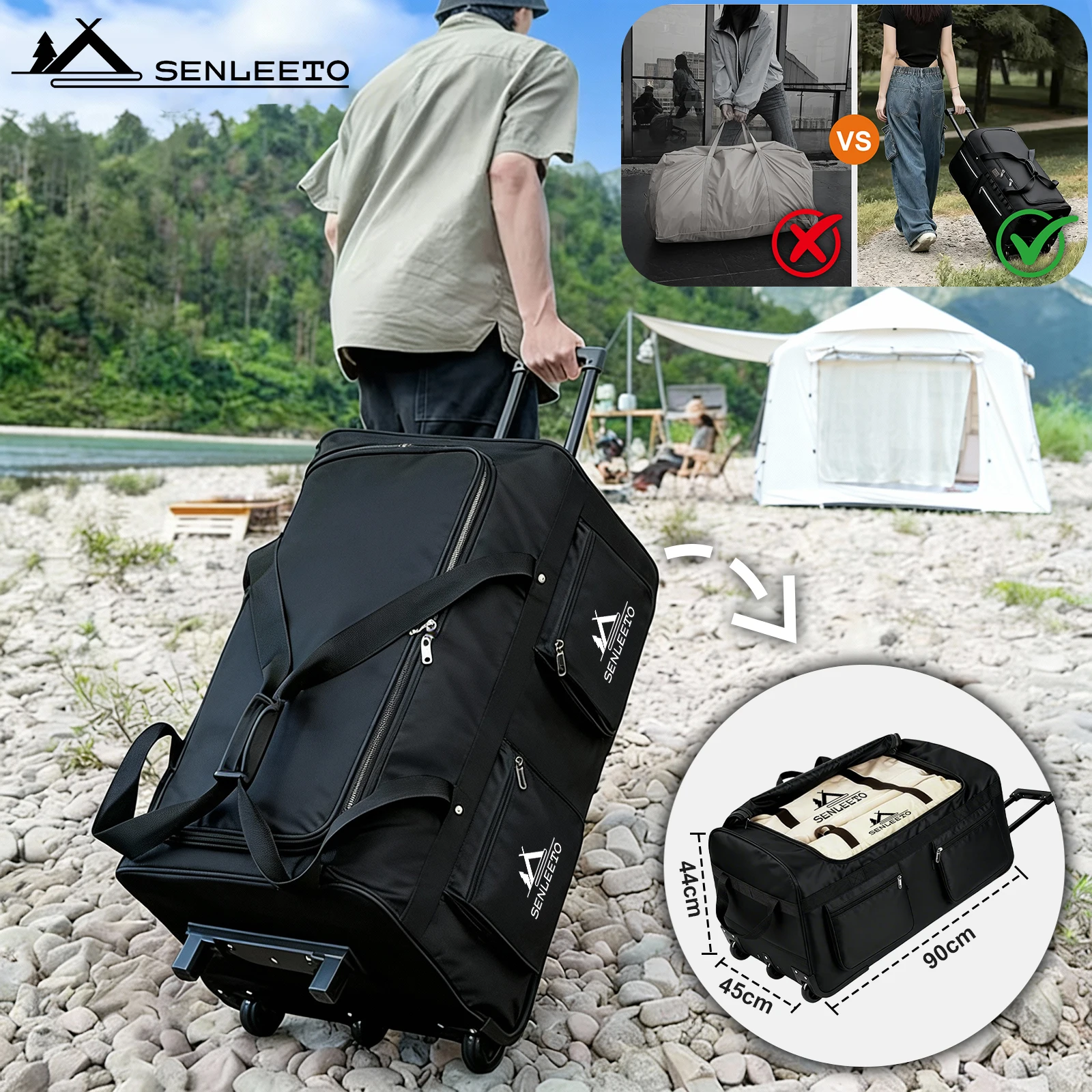 large family tent packed in carry bag with wheels