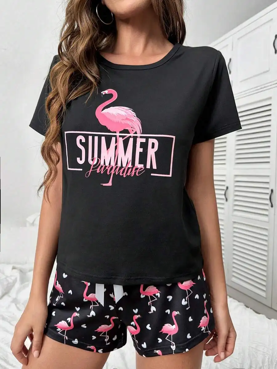 

Flamingo And Letter Print Pajama Set Short Sleeve Top And Shorts