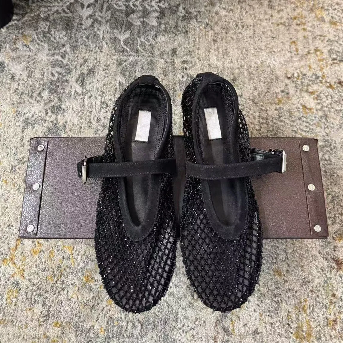 Mesh Hollow Weaving Casual Ballet Sandals Women's Strap Lazy Flat Bottom Fishing Net Mary Jane Genuine Leather Shoes
