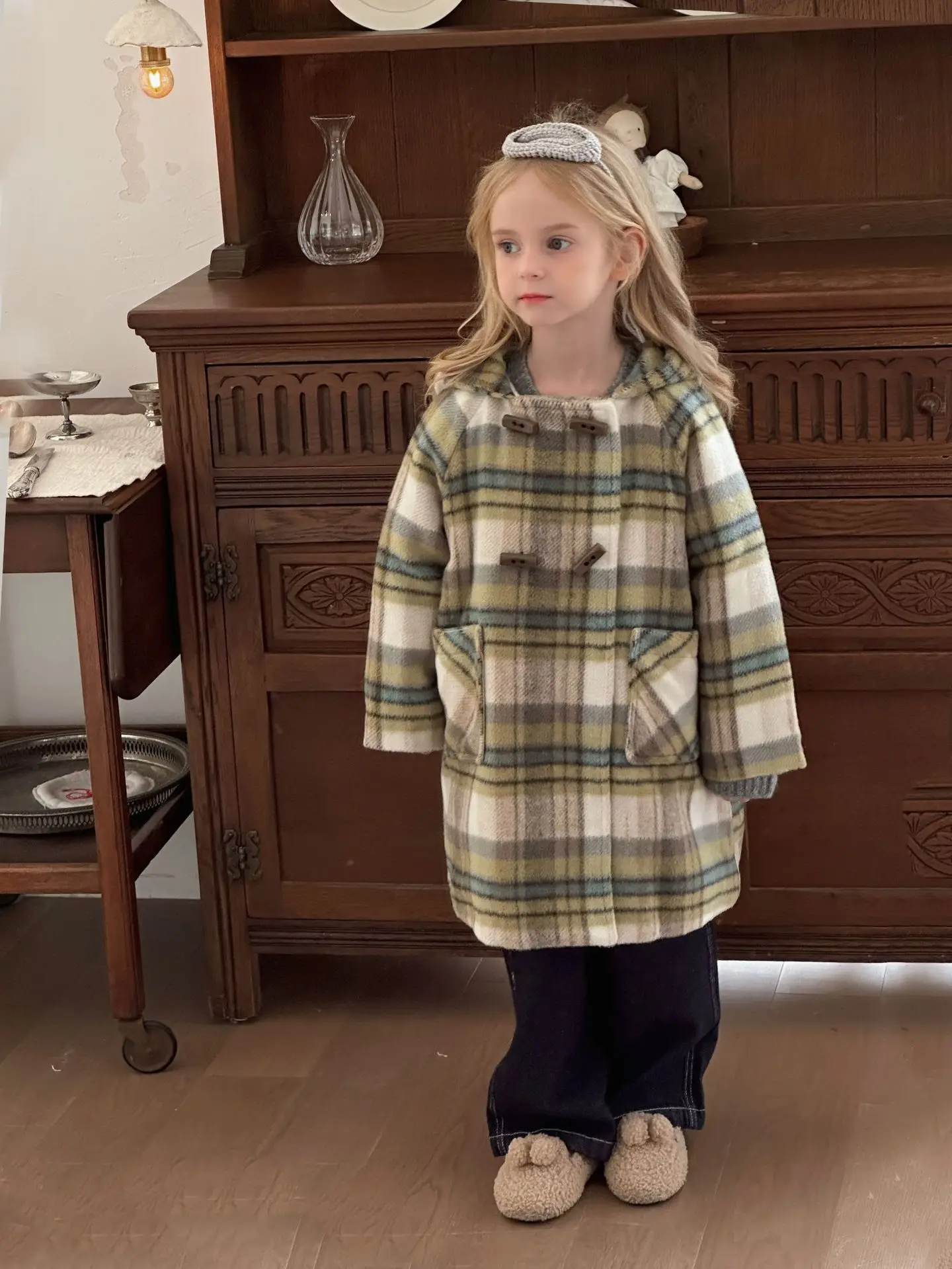 Abrigo de Tweed de otoño para niñas, abrigo de longitud media con capucha de lana acolchado para niños, ropa de moda de estilo Simple coreano