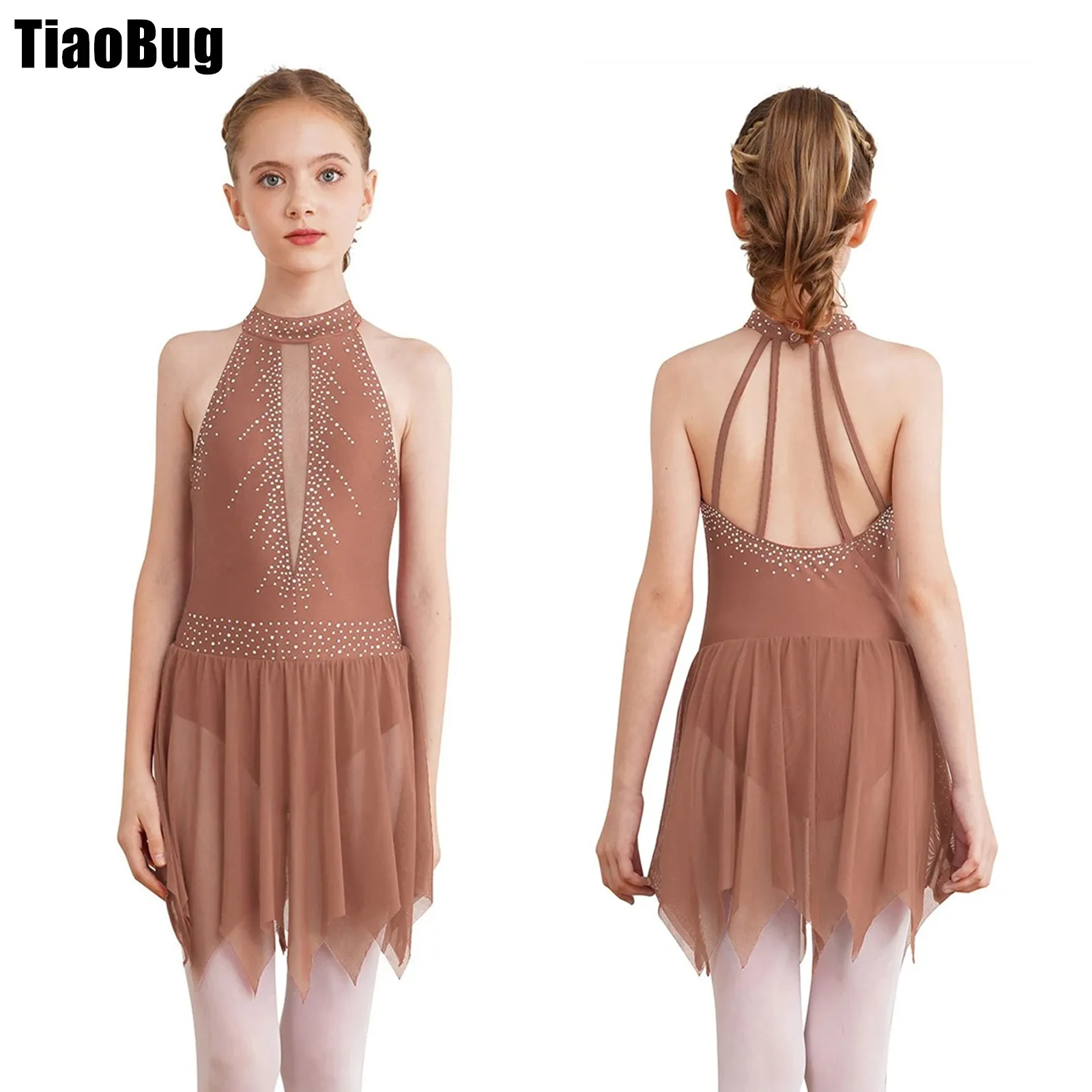 

Kids Girls Figure Ice Skating Dance Leotard Dress Backless Asymmetrical Mesh Skirt Shiny Rhinestone Dance Dress Costume