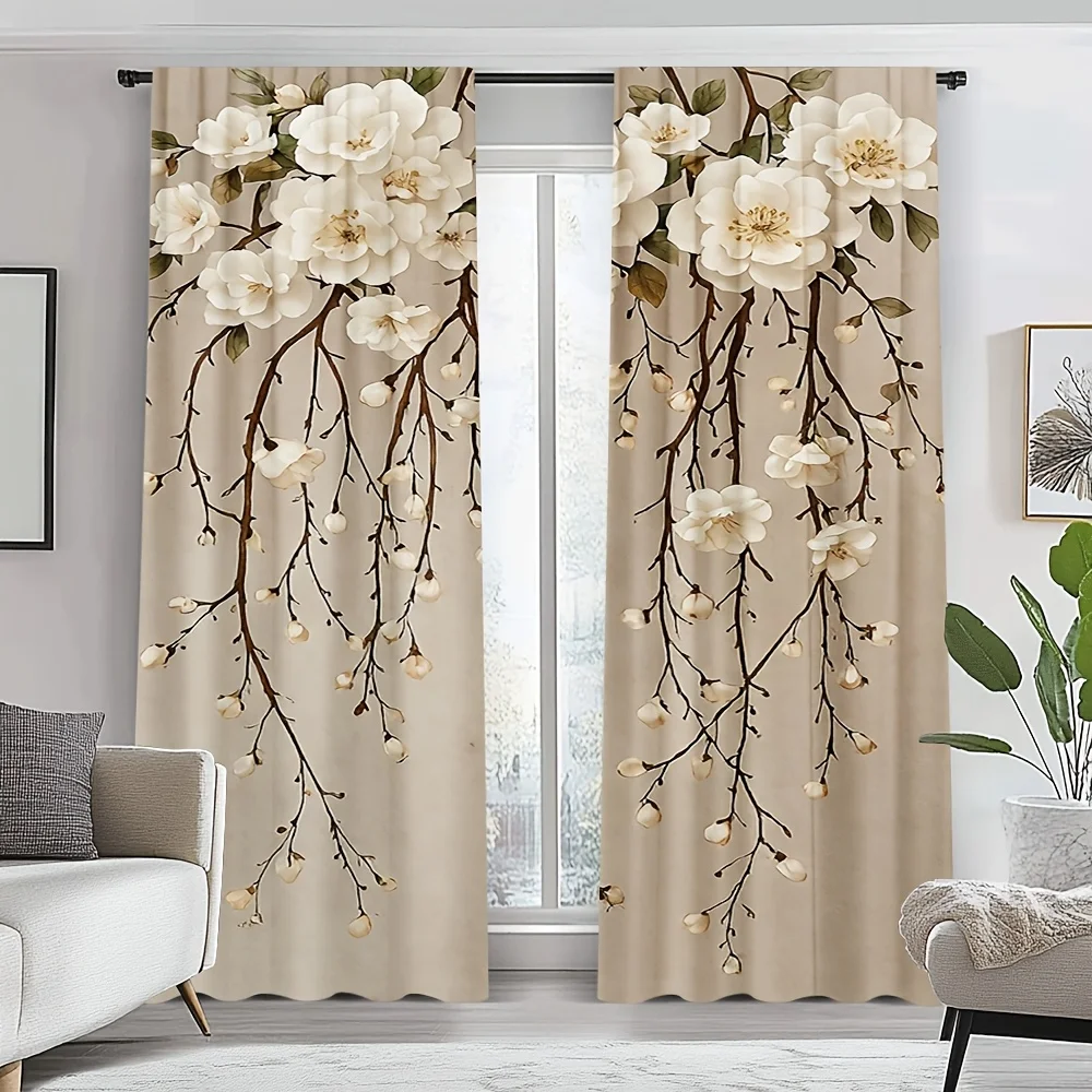 2PCS Digital Printed Curtains, White Plum Blossom Bud Oriental Floral, Modern Home Decor Style for Living Room Bedroom Decor