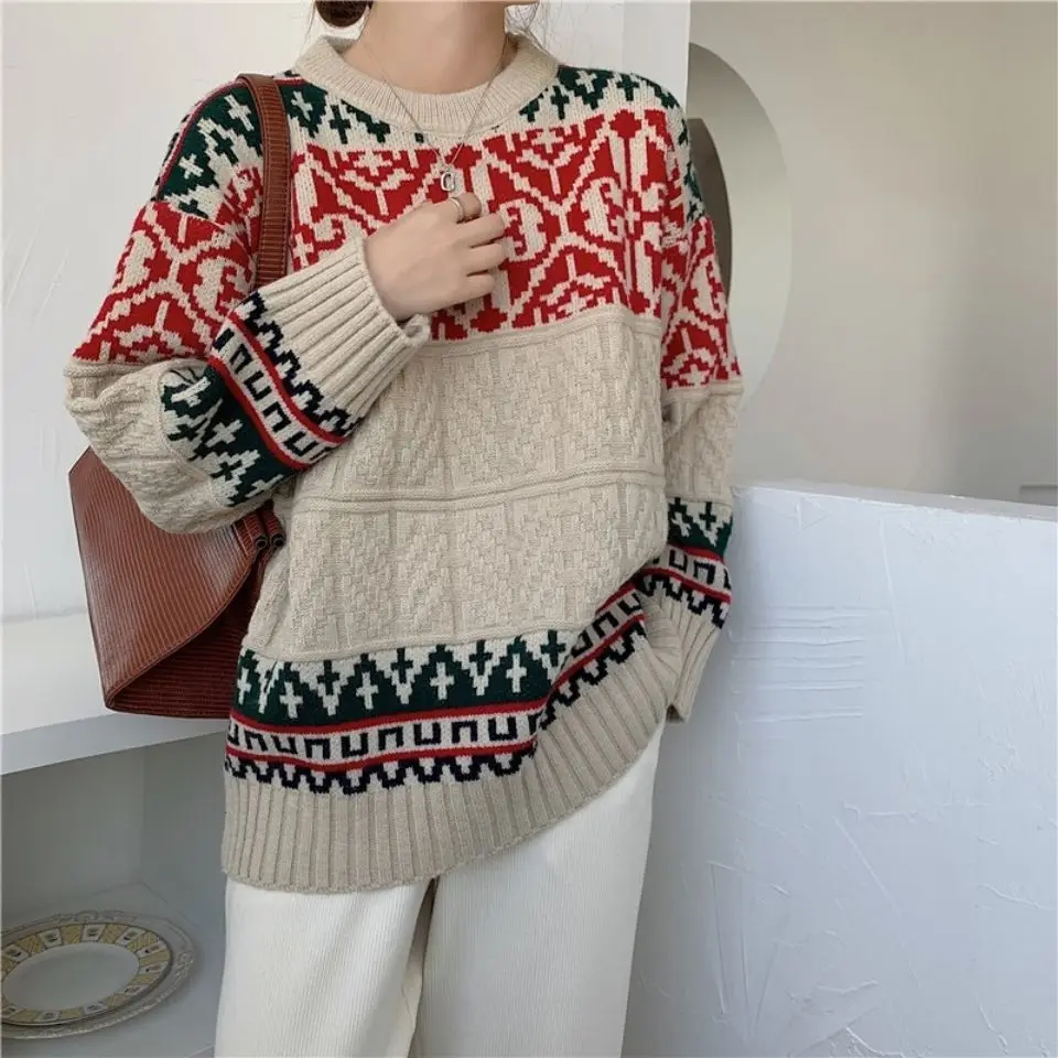 

Christmas Vintage Ethnic Sweater Women Oversized Loose Knit Pullover Cozy Winter Fashion Top
