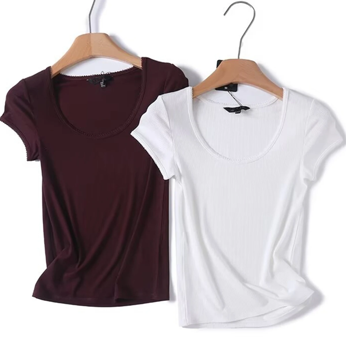 

Maxdutti French Elegant Lace Ribbed Summer T-shirt Minimalist Solid Cotton Short Sleeved T-shirt Women Slim Fit Basic T-shirt