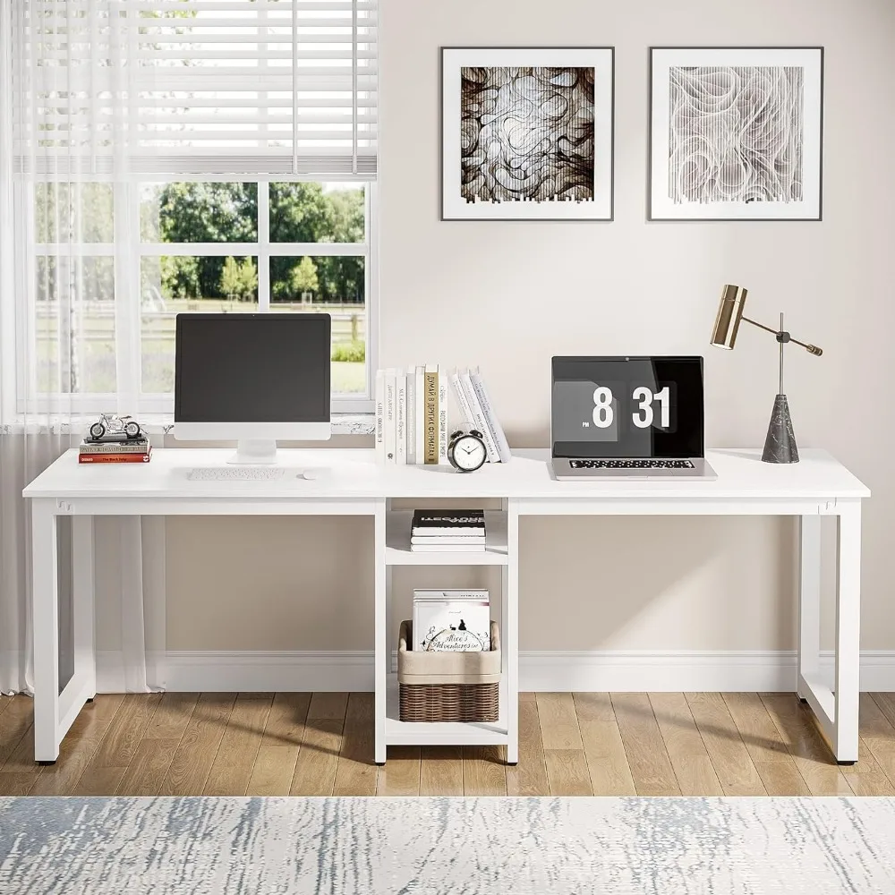 78 Inches Computer Desk, Extra Large Two Person Office Desk with Shelf, Double Workstation Desk for Home Office