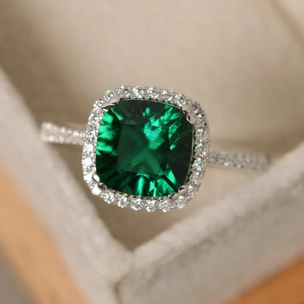 1PC Square Green Cubic Zirconia Ring for Women, Elegant Temperament Design, Shiny Statement Jewelry, Bridal Wedding Engagement Promise Eternity Ring, Versatile Accessory for Daily Wear, Party & Banquet, Ideal Anniversary & Holiday Gift
