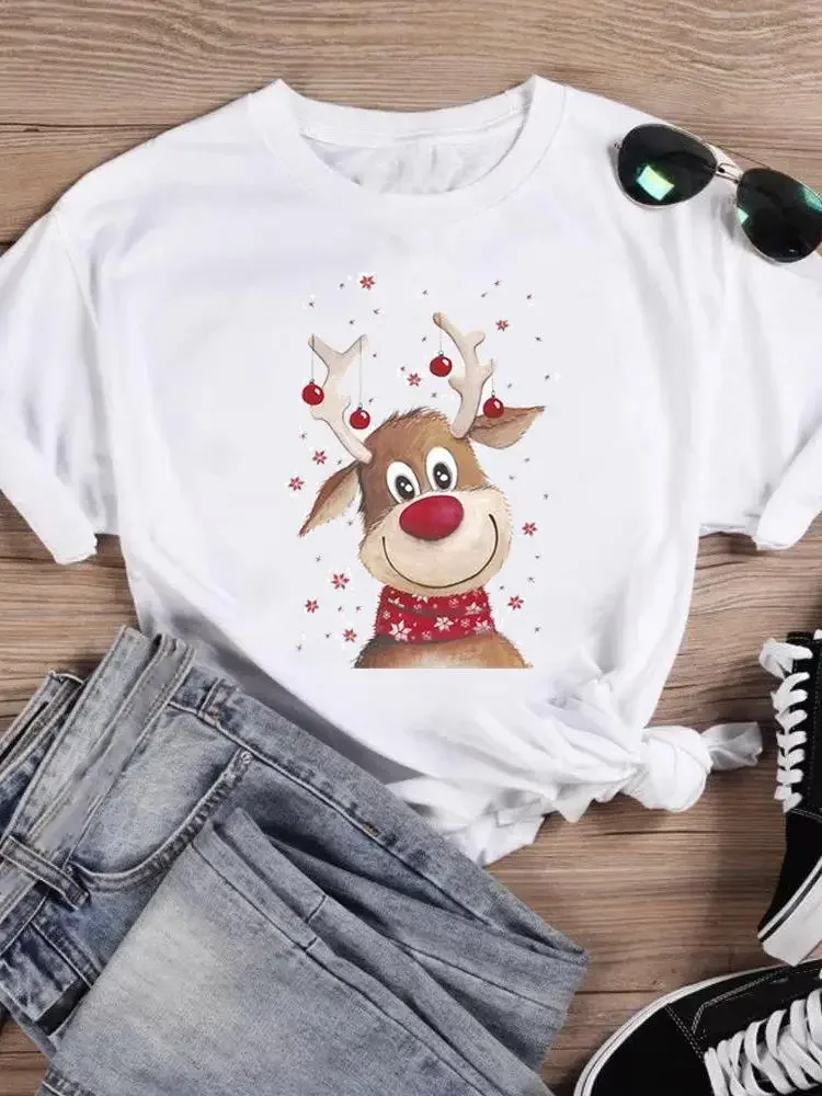 Graphic Tee Holiday Clothing New Year Merry Christmas Fashion Lovely Cartoon Deer Face Female Shirt Print T Top Women T-shirts