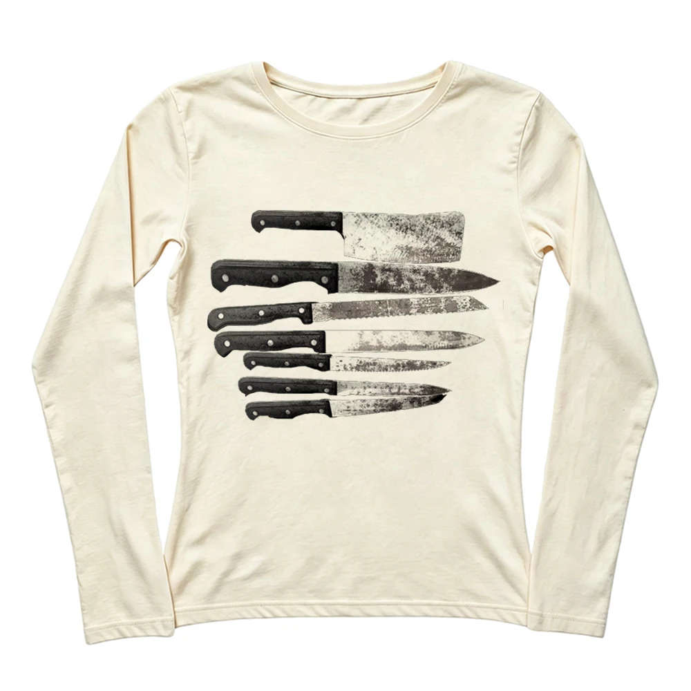 Vintage Y2K Women Long Sleeve Tee Retro Chef Knives Graphic Dark Aesthetic Slim Crew Neck Shirt