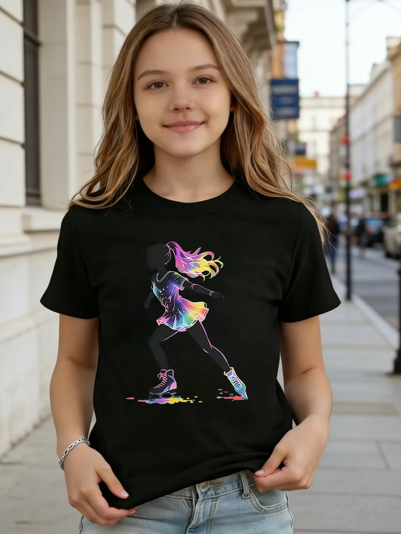 Colorful Galaxy Figure Skating Girl Silhouette Graphic Kids T Shirt Boys Girls Family Matching Summer Crew Neck Casual Tee