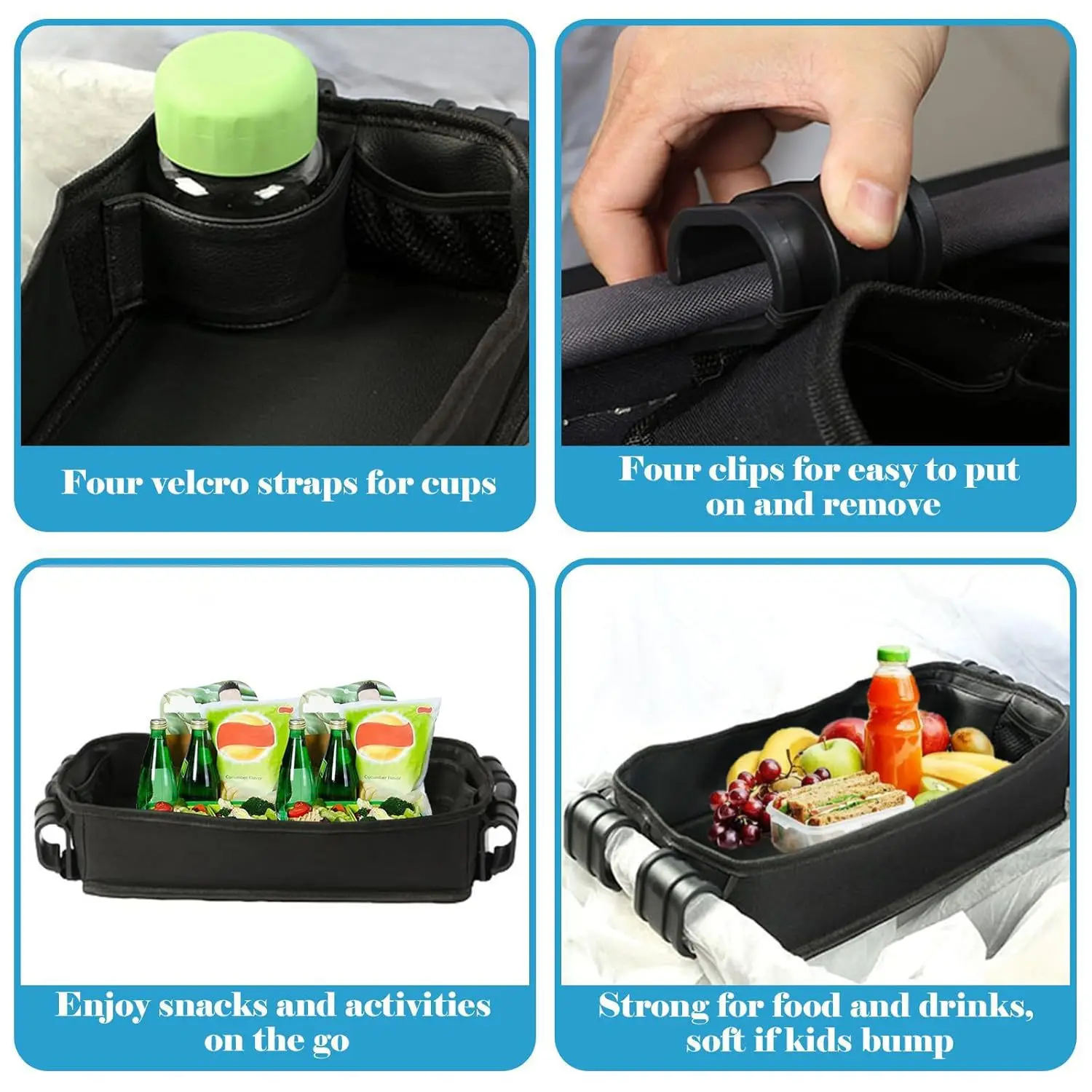 Double Sided Stroller Tray for Snacks & Activities Featuring Faux Leather Side for Eating, Polyester Side for Activities 5