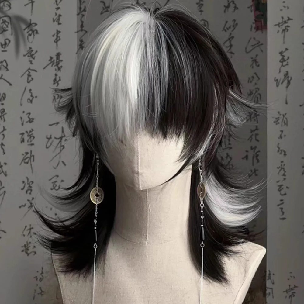 Black White Layered Mullet Head Short Straight Synthetic Wig Lolita Cosplay Fluffy Wolf Tailed Wig for Daily Party