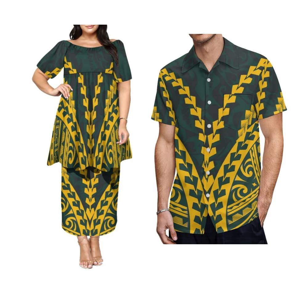 Casal verão feminino design tribal manga borboleta meados de manga saia dupla camada polinésia camisa casual masculina
