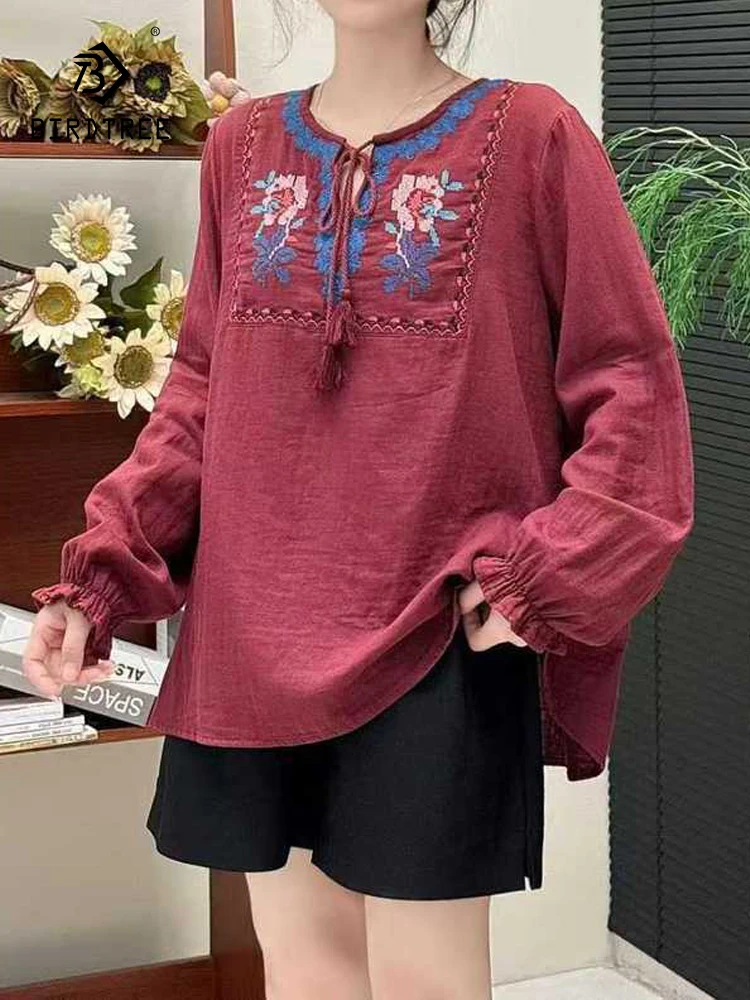 

Новая осенняя рубашка с длинными рукавами из хлопковой пряжи 2025 года, женская вышивка с круглым вырезом, шикарная свободная блузка в стиле ретро Mori Girl в этническом стиле T59248CC