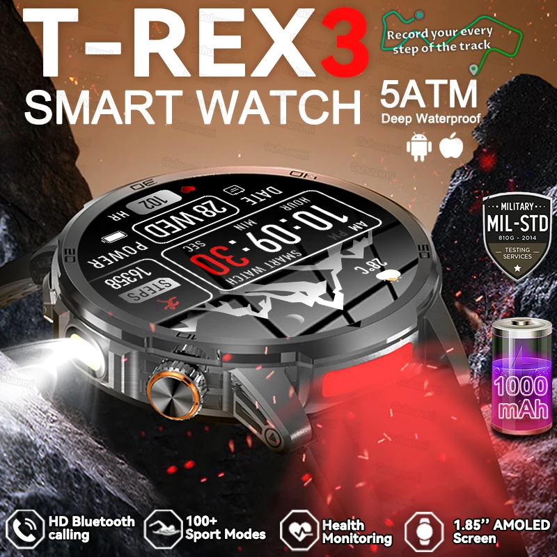 Novo t-rex 3 1000mah bateria relógio inteligente dois tons lanterna 5atm à prova dwaterproof água gps pista tela amoled esportes relógios inteligentes para o homem