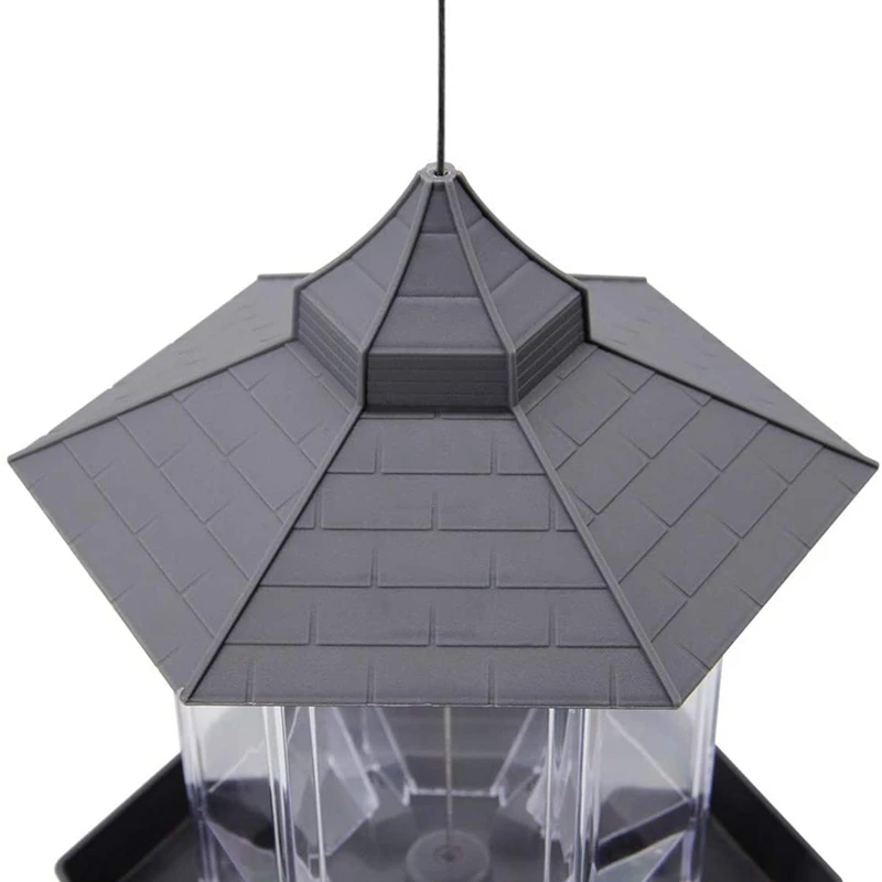 Panorama Bird Feeder, Hexagon Shaped With Roof Hanging Bird Feeder For Garden Yard Decoration (Grey)