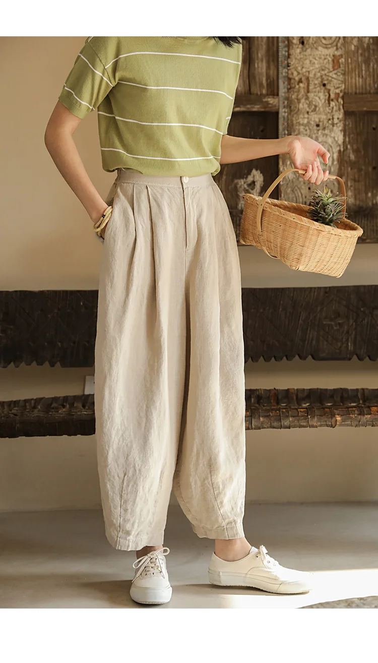 

100% Linen Wide Leg Pants Fashion Elastic Loose Drape Casual Micro Crotch Nine-point Pants Spring and Summer New Products