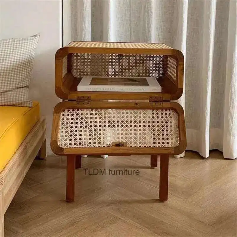 

European Solid Wood Rattan Bedside Tables for Home Bedroom Furniture Nordic Leisure Homestay Nightstands Small Storage Cabinet U