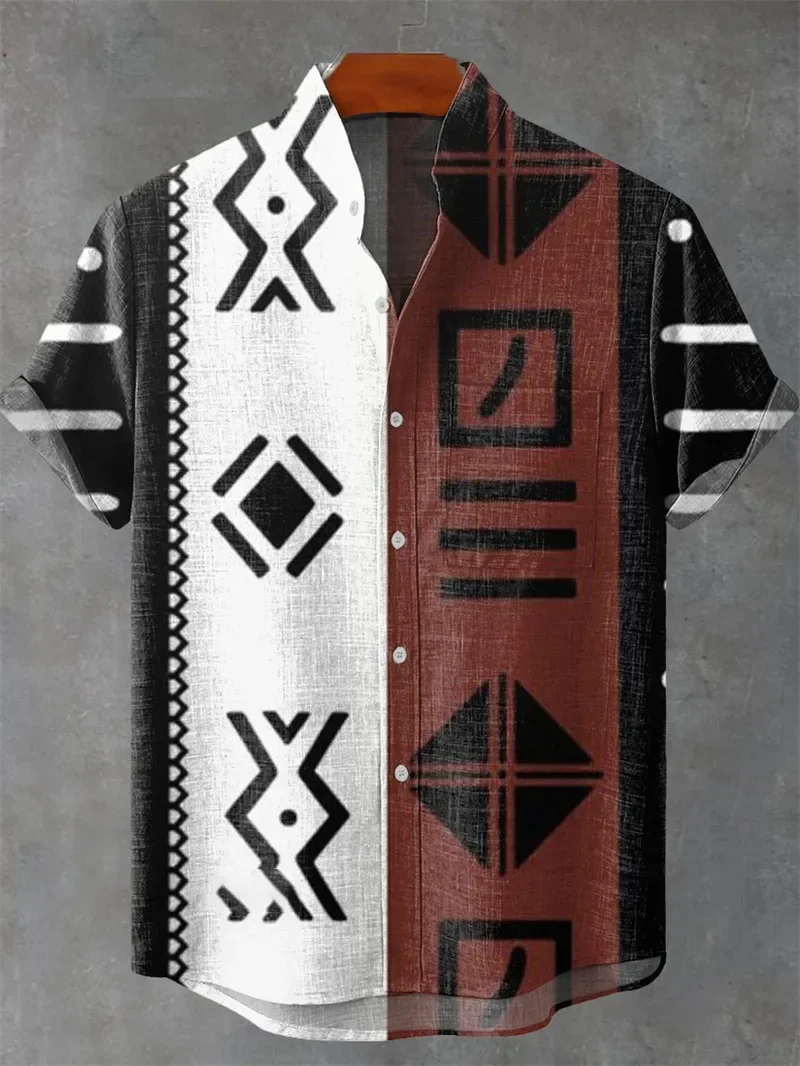 Men's Simple Retro Ethnic Personality Pattern 3D Printed Shirt Short-sleeved Lapel Light and Breathable Business Casual Party