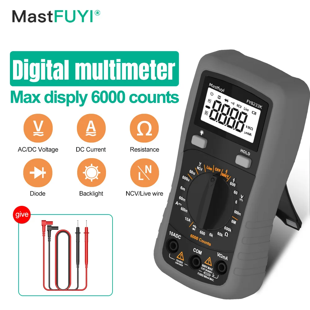 MASTFUYI FY8233K Digital Multimeter Professional 6000 Counts AC/DC Votage Tester Ohm Current Ammeter Detector Tool