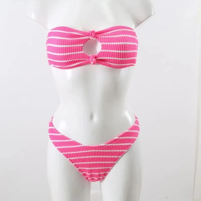 Nieuwe sexy roze gestreepte print bandeau bikini 2025 vrouwen badmode vrouwelijk badpak twee stukken string bikini badpak strandkleding