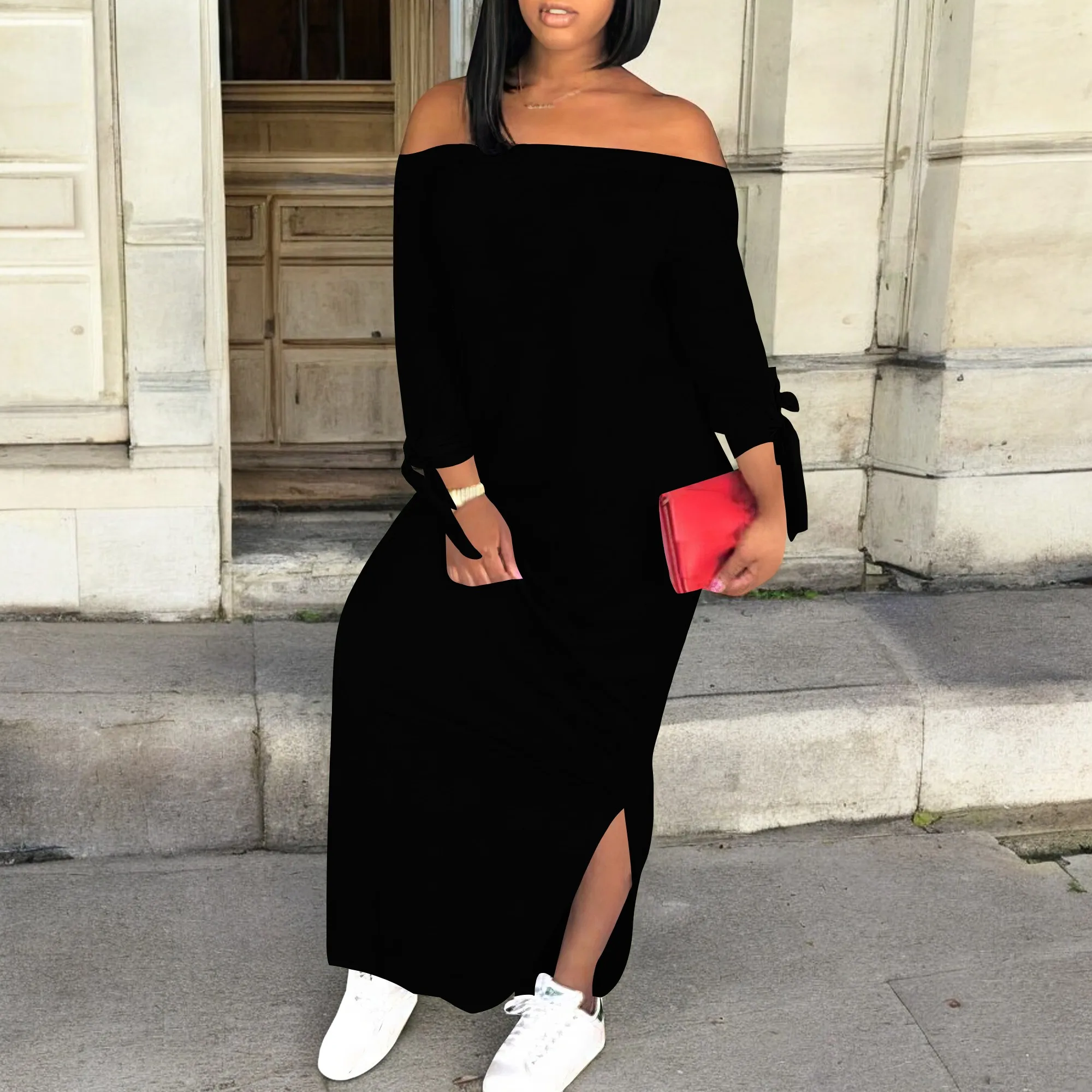 レディースカジュアルプラスサイズオフショルダードレスサイドスリットビーチサンドレスルーズ長袖Tシャツマキシドレス