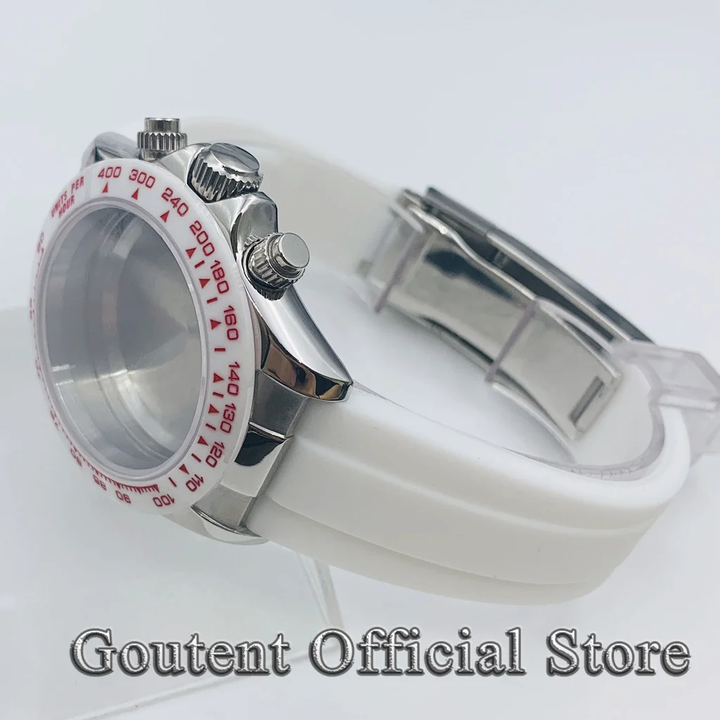 Goutent 40mm Silver Sapphire Crystal Quartz Watch Case White Rubber Strap Fit VK63 Movement Watch Accessories