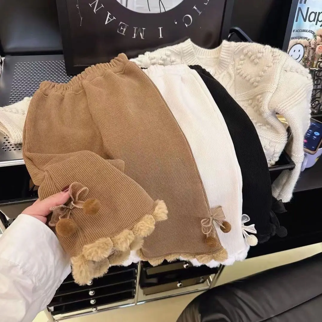 الفتيات الخريف الشتاء السراويل الطويلة غير رسمية موضة جديدة للأطفال لطيف وهمية الفراء القوس الكورية بانت ملابس الأطفال السراويل