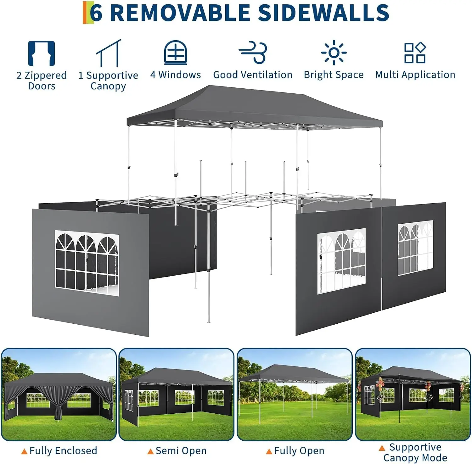 10x20 ft Heavy Duty Commercial Pop Up Canopy Tent, Waterproof UV-Protective 420D Oxford with Adjustable Height, Removable Sidewalls, PE Windows, Sand Bags & Roller Bag for Weddings, Events, Dark Gray
