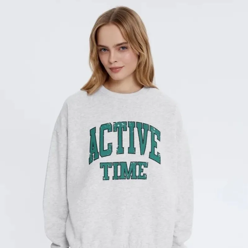 Bluzy Retro z Zielonymi Literami ACTIVE TIME Jasnoszare Jesienne Bluzy z Długim Rękawem Oversize z Okrągłym Dekoltem Pulower Młodzieżowe Damskie Sportowe Hip Hopowe Top