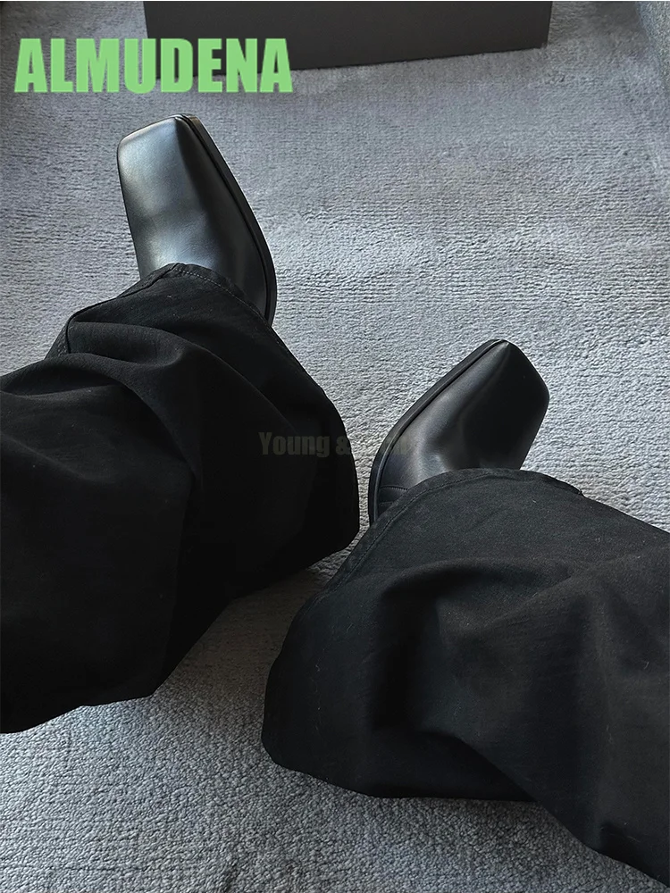 أحذية بمقدمة مربعة، كعب متوسط للدراجات النارية، أحذية عصرية للرجال والنساء بتصميم بسيط من الجلد وأكمام قصيرة #6