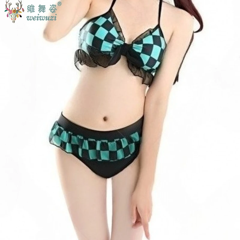 

Japanese Anime Adult Women Nezuko Shinobu Cosplay Costume Bikini Beach Halloween Summer Split Swimsuit Set Sweet Cute