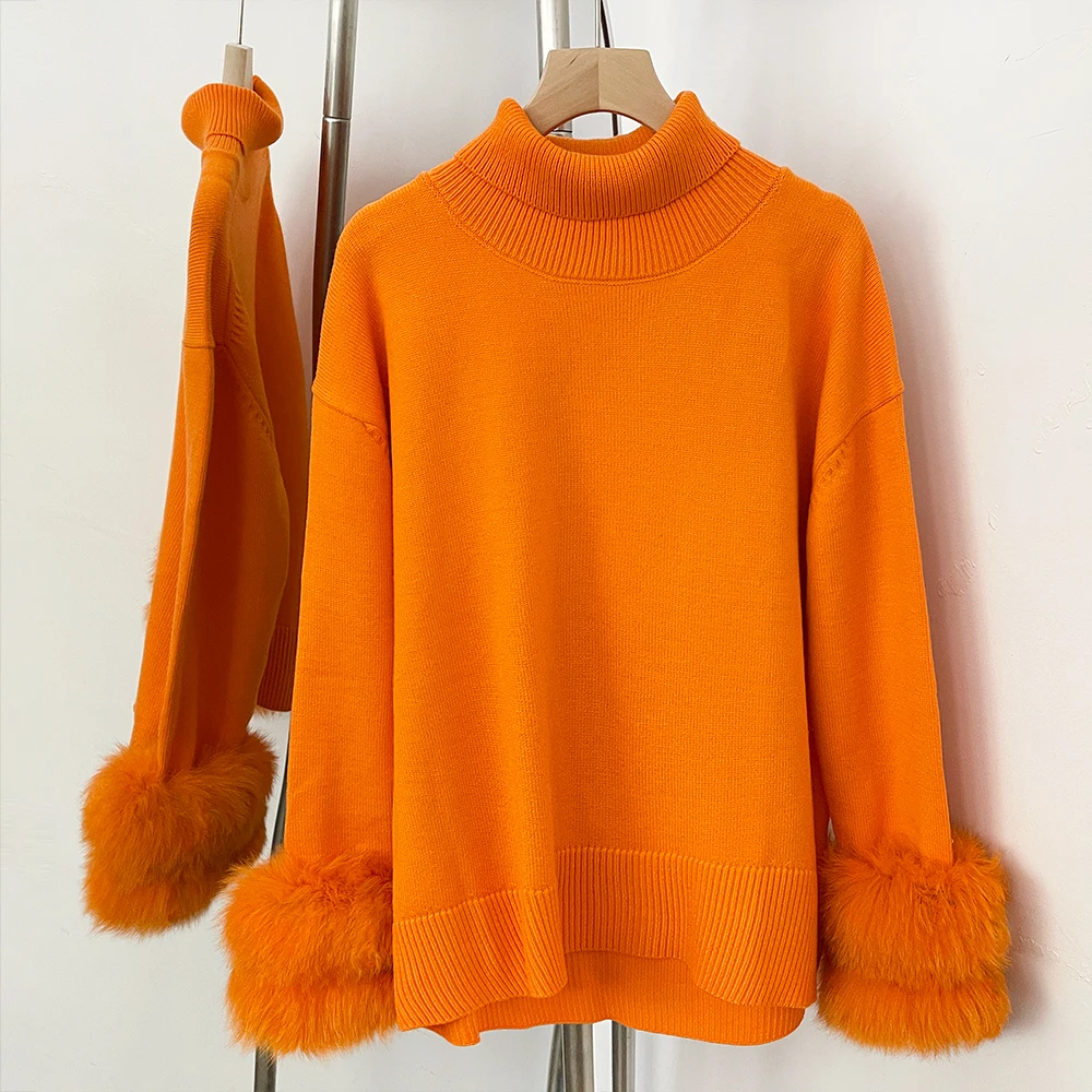 OFTBUY Womens Oversized Wool Sweater Winter Thick Warm Knitted Pullover Fur Cuffs Loose Fit Casual Chic Street Fashion Soft Top