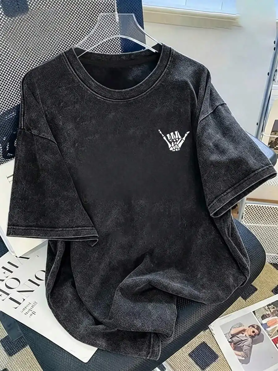 Tween Boys Vintage Washed Short Sleeve T‑Shirt Skull Hand Gesture Print American Street Style Loose Fit Crew Neck Personalized Casual Daily Tops