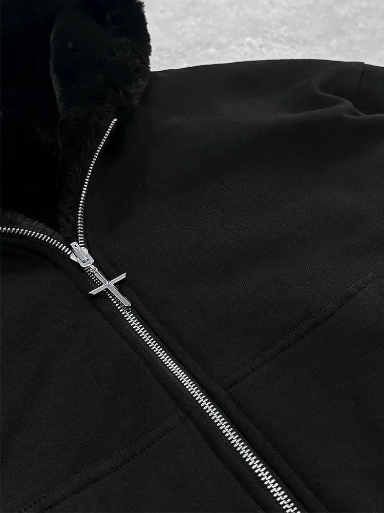 Autumn Winter Retro Fashion Leopard Print Two Sides Wear Loose Zip Up Hoodie Women High Street Punk Oversized Sweatshirts Y2k
