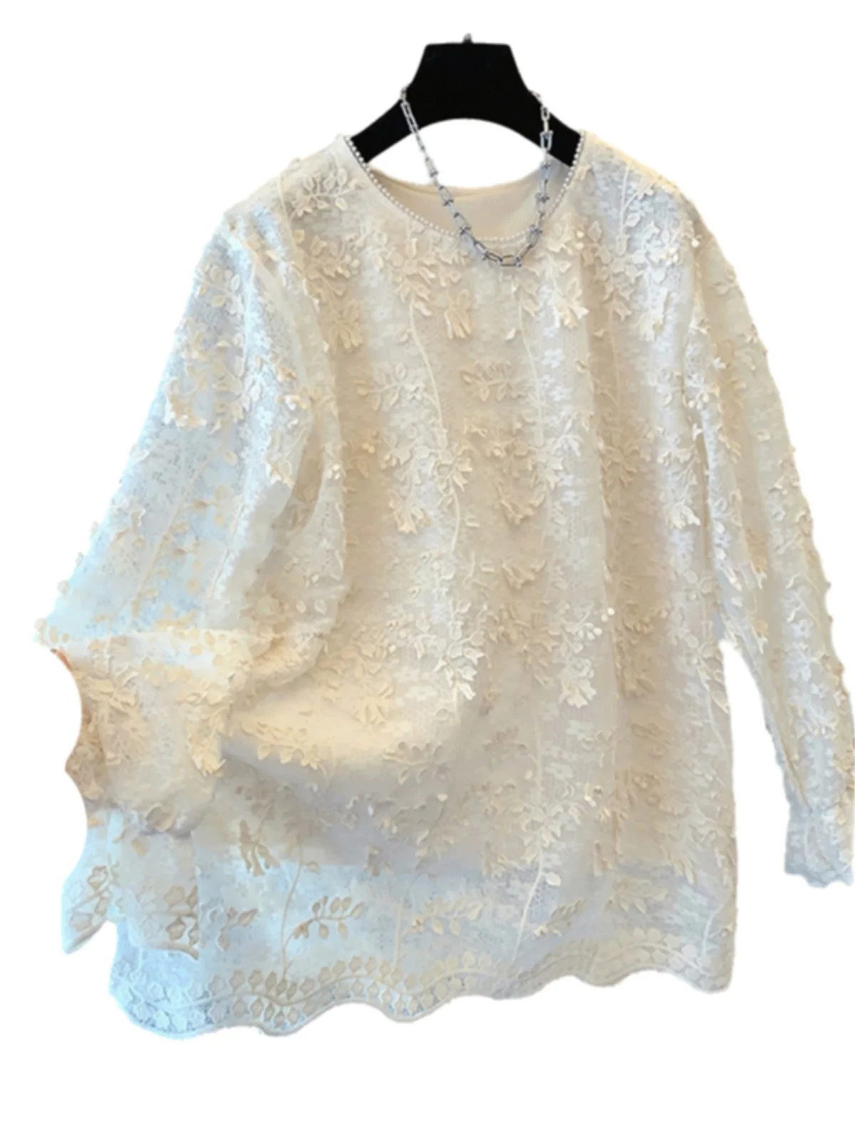 Retro Pearl Lace irt Damen Loose Long Sve Base Top Frühling 2025, luxuriöses Design, Pendler-Sle, rund, normale Länge