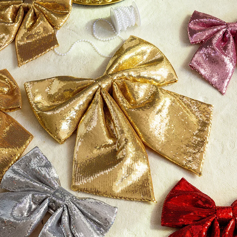 

INS Christmas Bow with Gold Sequins and Pearl Cotton Pink Decoration Christmas Ornament Hanging Decoration