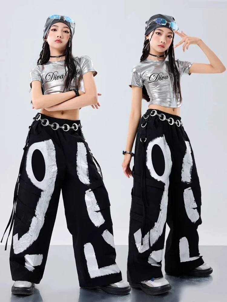 2025 Kpop Girls Jazz Dance Costume Silver Crop Tops Black Pants